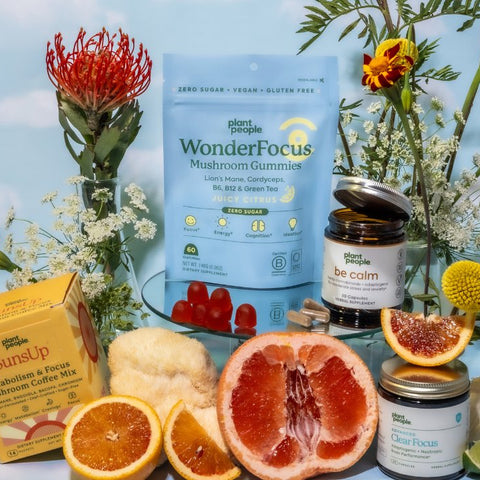 Image of Plant People Bundle containing WonderFocus Mushroom Gummies, SunsUp Mushroom Coffee, and Clear Focus Capsules